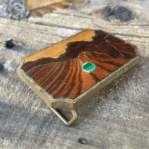 Vintage 70's Solid Brass Wood Inlay BTS Belt Buckle